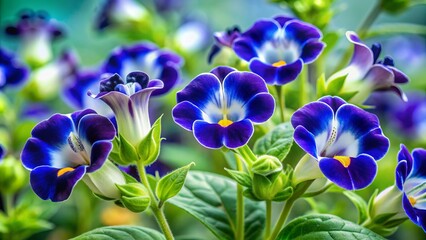 Vibrant blue torenia flowers with delicate, tubular shapes and intricate patterns bloom on slender stems against a crisp, transparent background, showcasing nature's beauty.