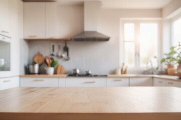 blurred Sleek modern kitchen boasts stylish furniture ample counter space and a chic dining table