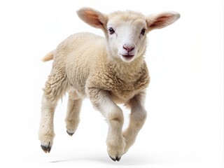 Fototapeta premium Adorable little sheep jumping in mid-air, isolated on a clean white background, showcasing its playful and energetic personality with a joyful expression.