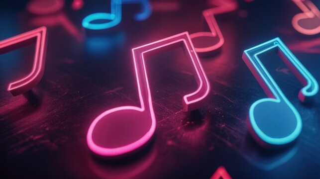 Close-up of glowing neon music notes on a dark background. Vibrant, colorful, and perfect for music-themed projects and designs.