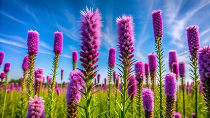 Vibrant purple spikes of liatris flowers bloom in a lush green meadow, delicate petals swaying gently in the summer breeze against a bright blue sky.