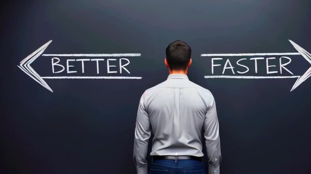 A man stands in front of a wall with arrows pointing left and right. The arrow pointing left says "Better" and the arrow pointing right says "Faster".