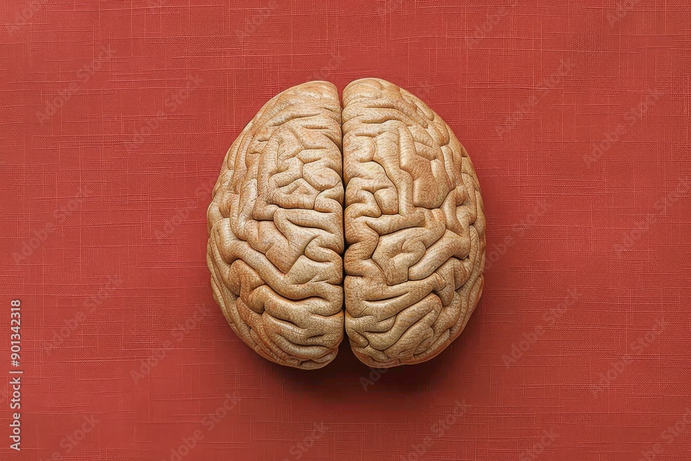 Sticker brain model on a red background symbolizing creativity and medical research ideal for artistic healt