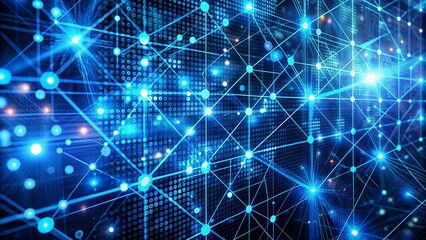 Fototapeta premium Vibrant blue digital pattern featuring abstract dots and lines, representing cutting-edge neural networks, advanced cybersecurity, rapid data flow, and powerful supercomputing technology.