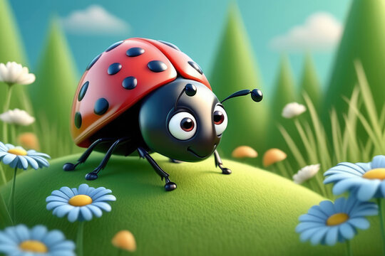 Adorable cartoon funny smile ladybug of children-friendly in animation fantasy style.