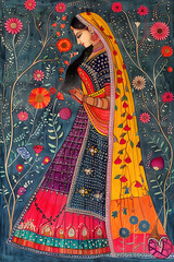 Colorful traditional Madhubani art from India of a woman in a sari on a textured background