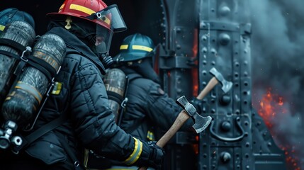 Obraz premium Masterpiece photo of firefighters using axes to break through a door, showcasing the use of forcible entry tools in rescue operations