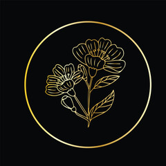 Circle golden line art flower botanical. golden flower illustration. used to be logo, invitation templates layout
