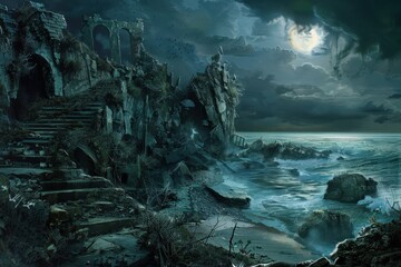 Ancient ruins stand tall against the dark sea under the glow of a full moon