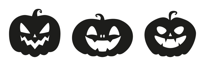 Collection of funny and scary ghost or pumpkin faces for Halloween. Illustration on transparent background
