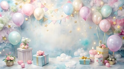 Dreamy Celebration birthday Background: Colorful Balloons, Flowers, and Party Decorations - Perfect for Festive Occasions