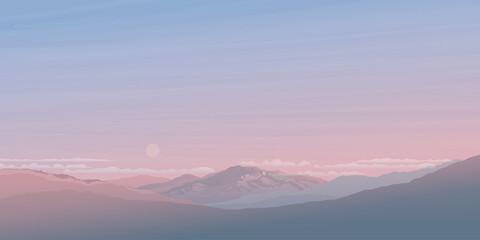 Obraz premium Minimalist sunset landscape with mountain ranges and dramatic sky background graphic illustrated have blank space.
