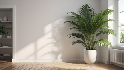 Fototapeta premium White Wall with Palm Leaves and Shadow Play