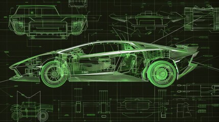 Obraz premium green blueprint of a car, black background, technical diagrams