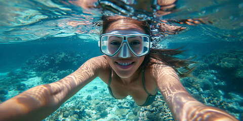 Naklejka premium hispanic woman. A woman with a big smile dives underwater, taking a selfie with a clear blue ocean and coral reef in the background.