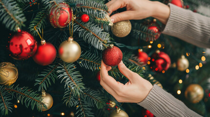 woman's hands decorating Christmas tree with red and gold balls