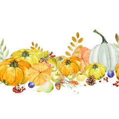 Seamless border with orange and white pumpkins and apples, autumn set of elements. Watercolor illustration of pumpkins and apples of different varieties and different shapes. Hand drawn, autumn still 