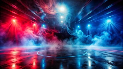 Obraz premium Moody dark empty space illuminated by intense blue and red neon spotlights reflecting off wet asphalt, surrounded by swirling smoke, with radiant rays.