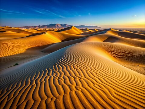 Endless rolling waves of majestic golden sand dunes stretch across the vast arid landscape, with subtle wind-blown ridges and textures under a clear blue sky.