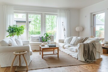 Modern Living Room Interior Design in Scandinavian Style with White Sofa and Armchairs - Home Decor Inspiration