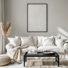Scandinavian Style Living Room: White Sofa, Black Coffee Table Against White Wall with Art Poster - Modern Home Interior
