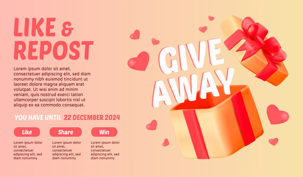 Contest prize poster. Gift box reward for competition winner, event announcement social media promotion post poster template, like offer 3d realistic vector illustration