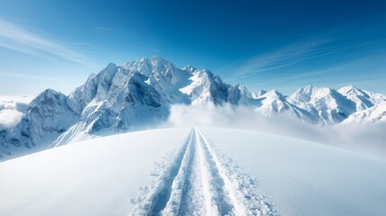 A breathtaking snow-covered landscape with a winding path leading through majestic mountains under a clear blue sky.