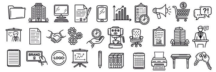 Business and Office Vector Icon Collection. A set of icons related to Document, Computer, Conference, Marketing, Financial, Team, Calendar, Office workspace and more. Vector illustration