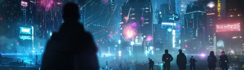 Futuristic cityscape with holographic birthday greetings, robots and humans celebrating under neon lights and digital fireworks --ar 7:2 Job ID: fde1f86a-40ca-43a8-82ab-d8166ce4bf72