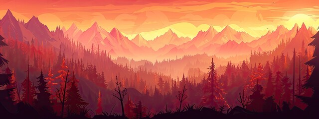 A landscape of a mountain forest at sunset in burgundy and orange tones. Cartoon vector illustration. Game background. Low detail. --ar 8:3 Job ID: e26b717b-4b01-4693-89fb-f1dac8d9a15a