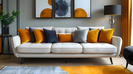 Living Room Interior Design with White Sofa and Yellow Pillows Illustration