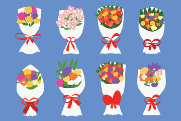set of beautiful bouquet illustration design element. Set Blossomed floral bunches from cut garden and field blooms, florist design templates
