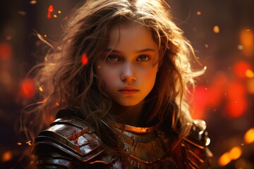 Portrait of a young girl with a stoic expression, wearing battle armor with a glowing, ember-filled background