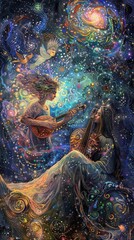 Meditation group playing spiritual instruments, angels appearing, cosmic scenery with colorful stars, intricate details --ar 9:16 Job ID: 0c0af2d4-03bc-45fd-9bf7-2c74d4403aa7