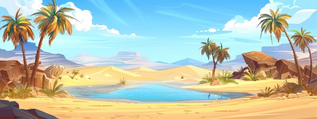 Obraz premium Landscape of a small oasis with pond and palm trees in the desert. Cartoon illustration.