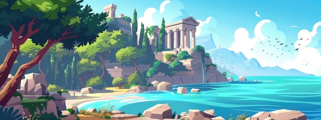 The Mediterranean coast with ancient temple, trees and rocks. Cartoon illustration.