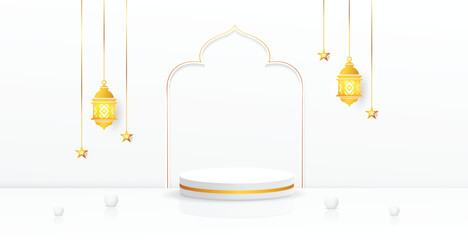  Realistic Eid white and golden color product mockup design background. Eid Mubarak Products showcase background art. Pearl Vector. Product display. Podium design and wall scene. Islamic design.