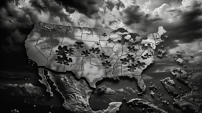 US divided concept. Map of the United States with Missing Puzzle Pieces