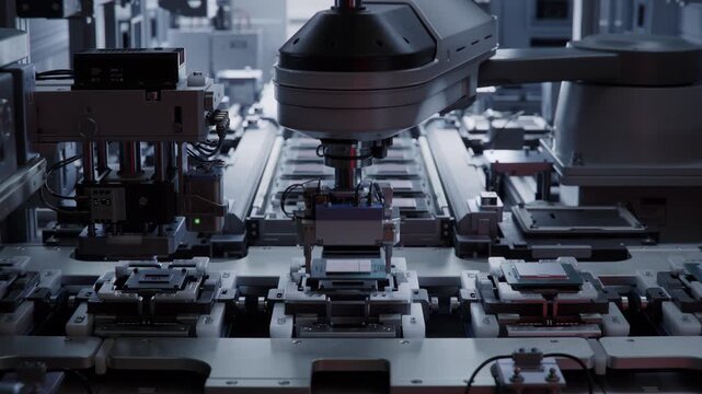 Computer Chip Automated Production Line. Close-up of Heat Spreader Attachment to Advanced Processor on Automated Conveyor at Electronics Factory. Microchip Manufacturing Facility.