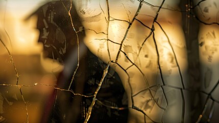 US divided concept. Shattered Glass with Silhouette of a Man in the Background