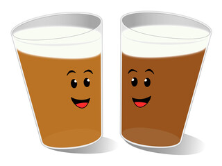 Two full glasses of beer celebrating with smiling faces
