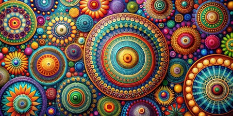 Fototapeta premium Vibrant abstract background featuring a mesmerizing mix of colorful circles, geometric shapes, and intricate patterns in a harmonious blend of modern artistic expression.
