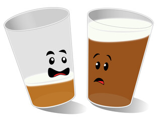 Two glasses of beer, one drunk and slyrring their words, one still sober and looking more concerned