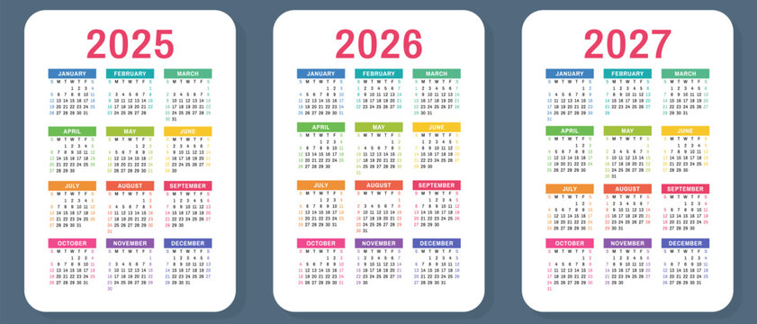 2025, 2026 and 2027 calendar set. Vector pocket calender design. Week starts on Sunday. January, February, March, April, May, June, July, August, September, October, November, December