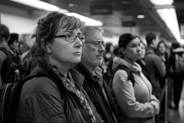 Obraz premium A group of people stands attentively in a monochrome indoor setting, each lost in their thoughts, highlighting a shared experience of waiting and the stillness of the moment.