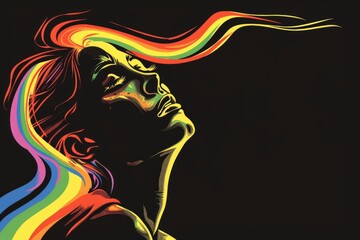 woman is looking to the sky and cries rainbows, black background 