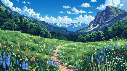 A vibrant meadow in full bloom with colorful flowers, set against a backdrop of towering snow-capped mountains and a clear, bright blue sky filled with fluffy clouds.