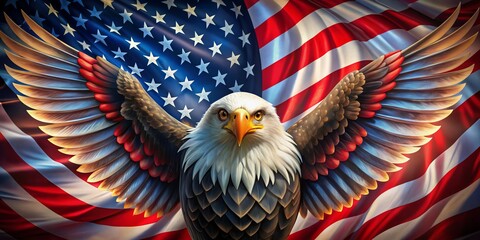 Patriotic graphic featuring a stylized bald eagle with vibrant colors, heart shape incorporated into its wings, and American flag-inspired elements in the background.