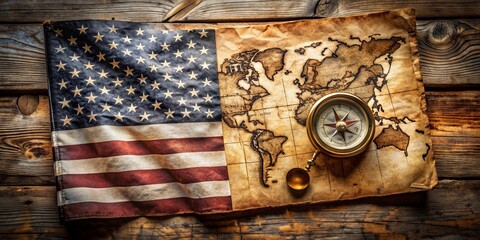 A vintage treasure map spread on a wooden table, adorned with an American flag and a classic compass, symbolizing exploration and discovery on a nostalgic day.