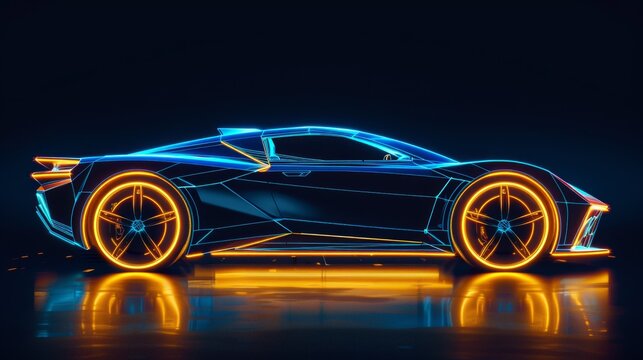 the silhouette of blue and gold neon lights that form a sports car 
